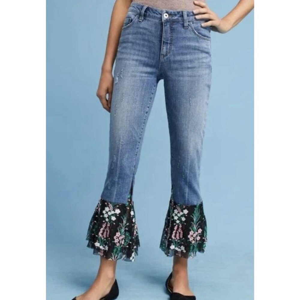 Pilcro Denim Flare Jeans with Black Floral Ruffle Hem
